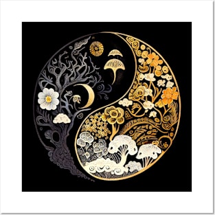 Golden Floral Mushroom Ying Yang Design Posters and Art